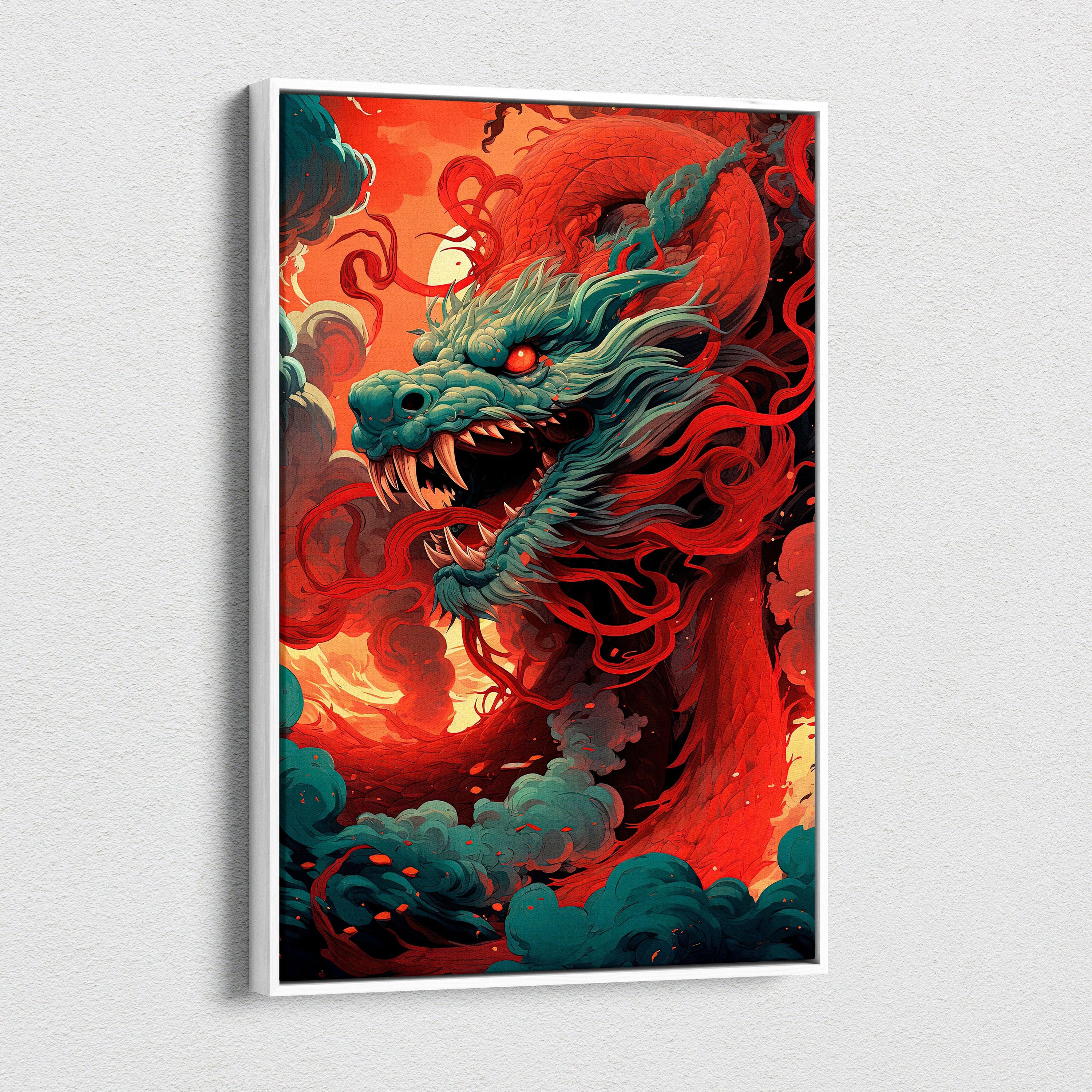 Celestial Nebula Dragon Canvas Wall Art – Cosmic Serpent with Glowing Fangs, Purple & Teal Galaxy Aura, Ethereal Fantasy Space Illustration Print