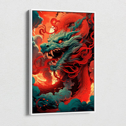 Celestial Nebula Dragon Canvas Wall Art – Cosmic Serpent with Glowing Fangs, Purple & Teal Galaxy Aura, Ethereal Fantasy Space Illustration Print