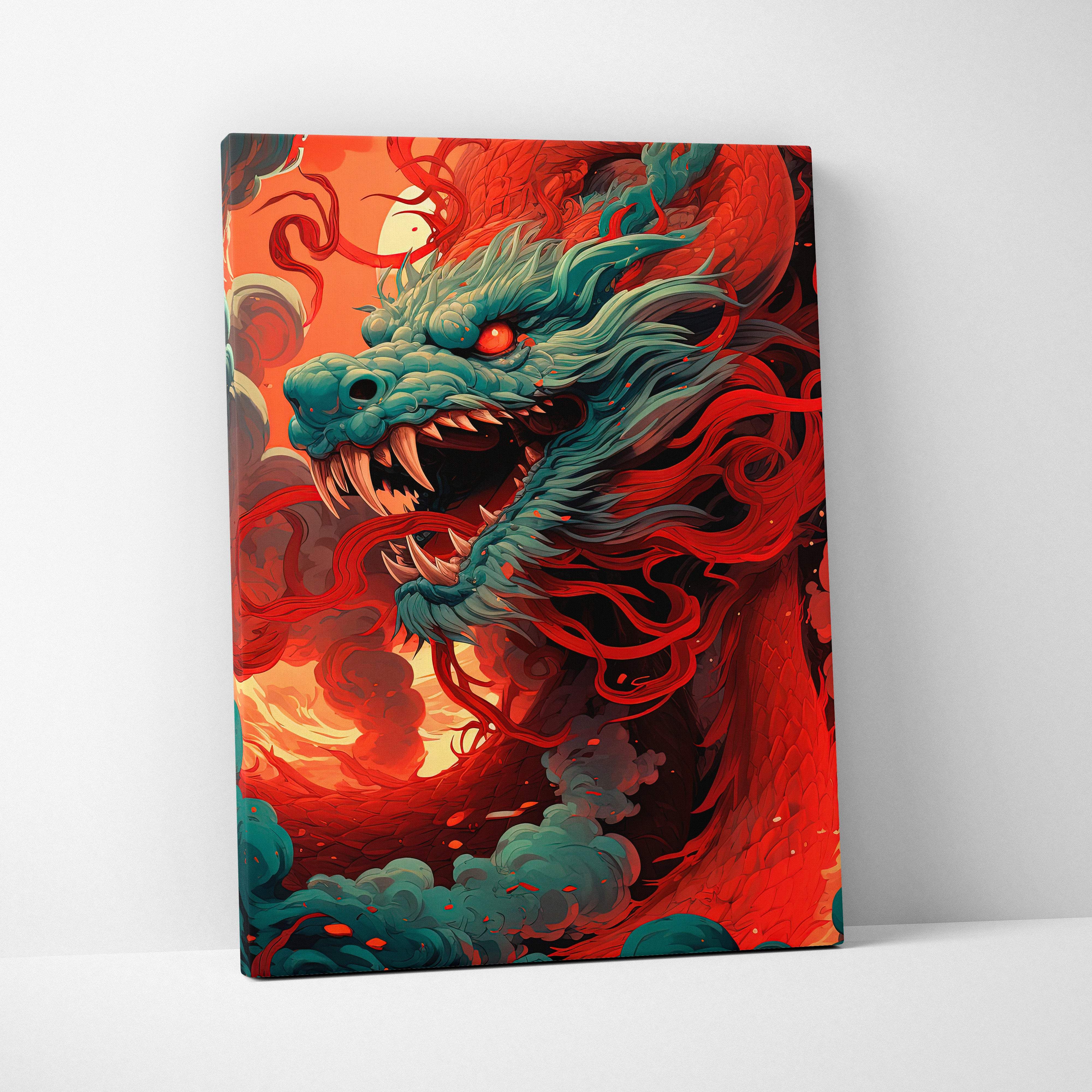 Vibrant teal celestial nebula dragon canvas wall art with glowing red eyes and fiery orange background print