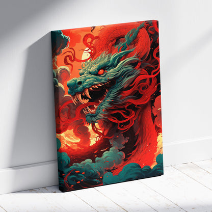 Celestial Nebula Dragon Canvas Wall Art – Cosmic Serpent with Glowing Fangs, Purple & Teal Galaxy Aura, Ethereal Fantasy Space Illustration Print