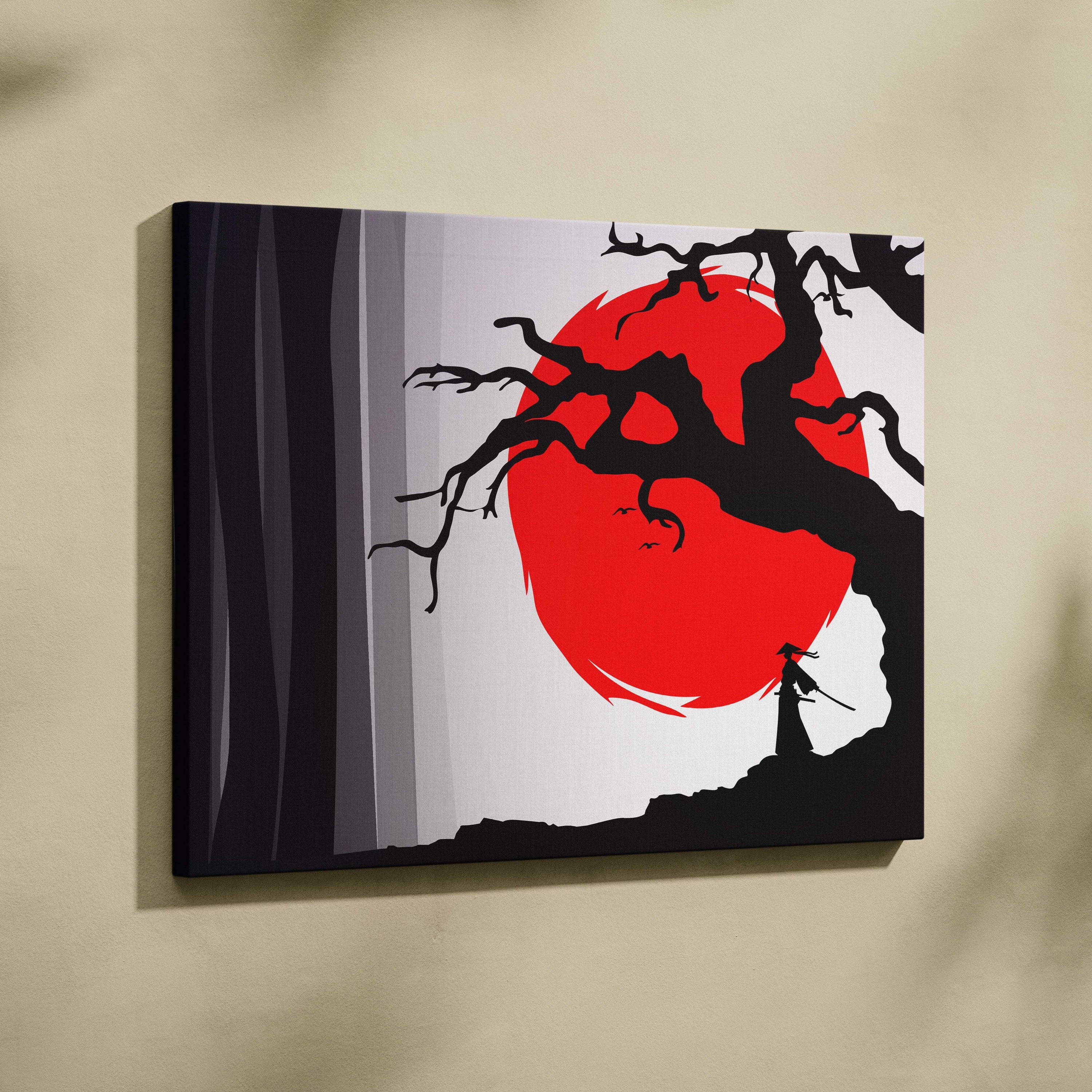 Samurai red sun canvas wall art with black and red minimalist tree silhouette and lone figure for living room decor