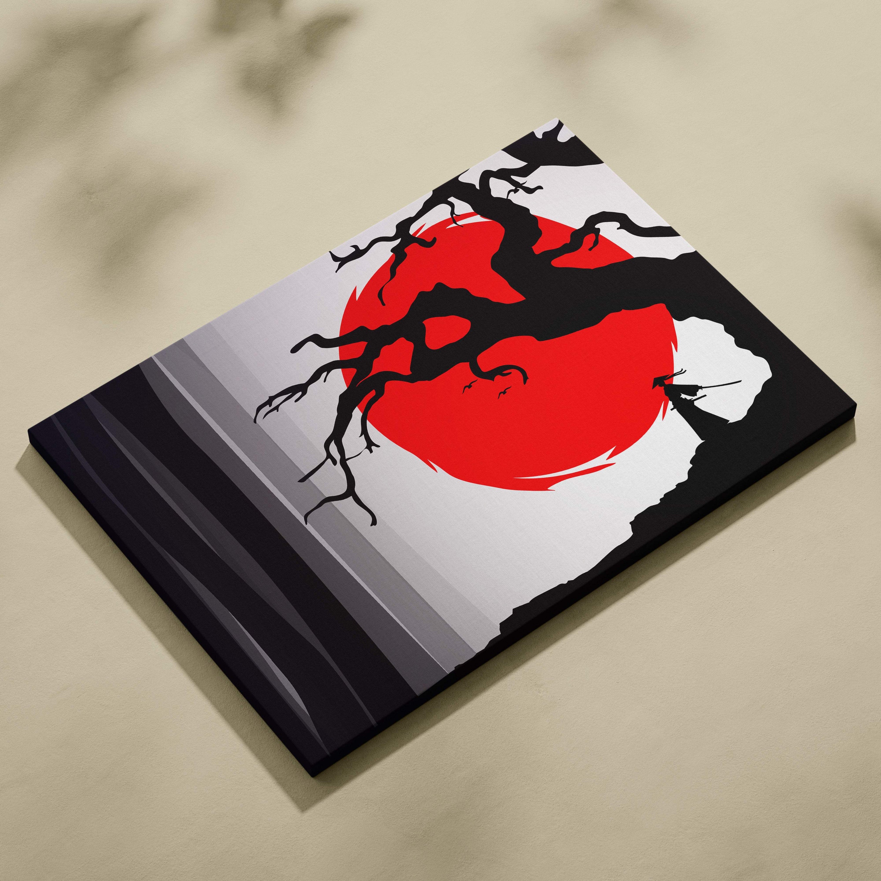 Black-framed samurai red sun canvas wall art with bold red sun and black tree branches on gray white background