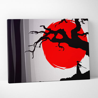 Black and white canvas print featuring a red sun with silhouetted samurai and tree branches for living room decor