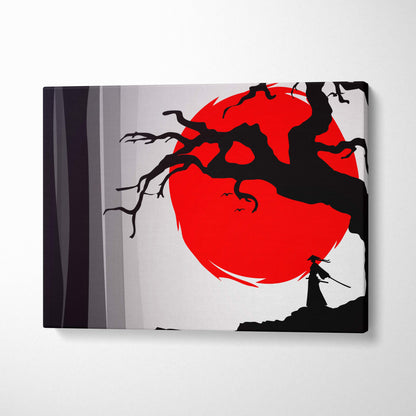 Black silhouette canvas print of a lone samurai before a red sun with gnarled tree branches for wall art decor