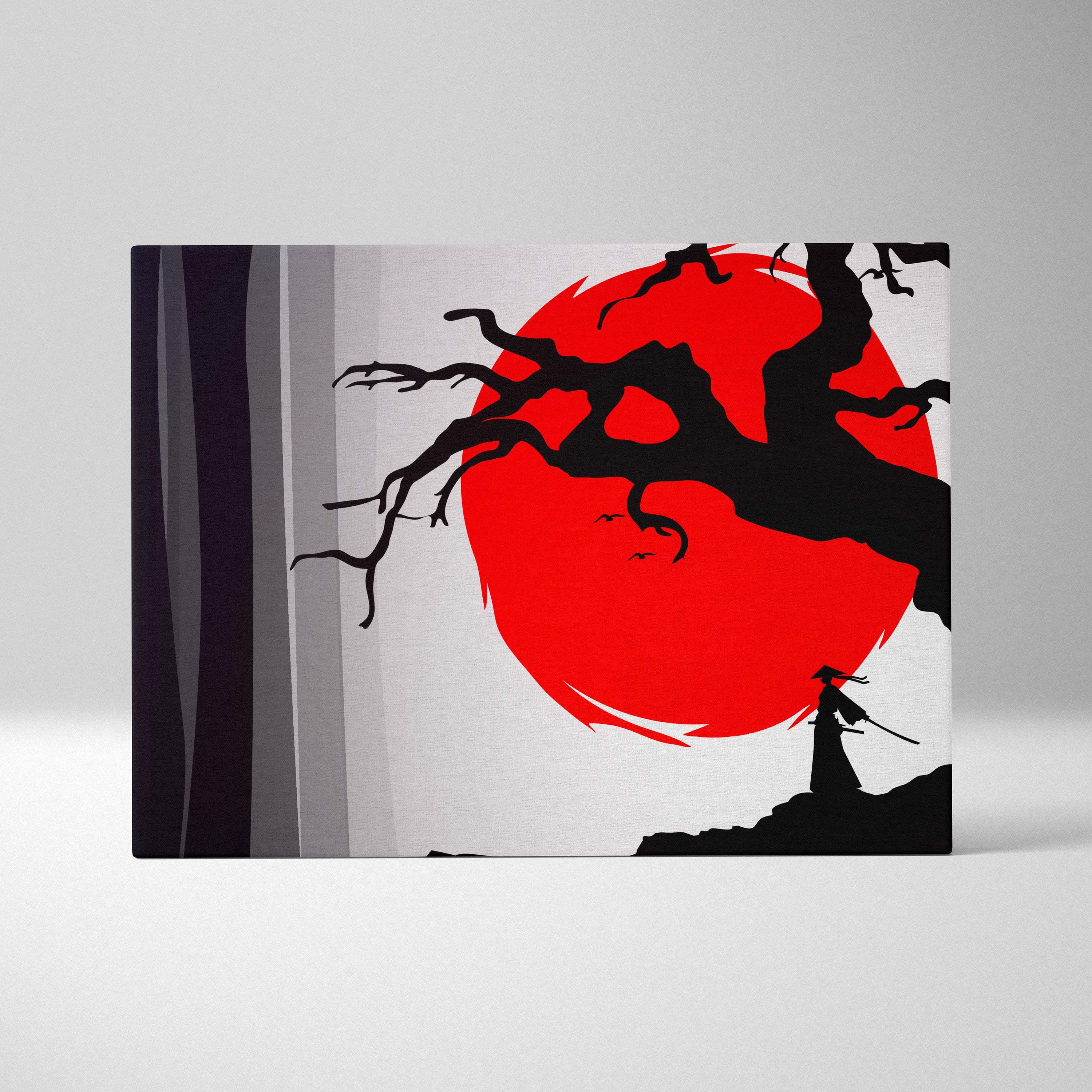 Samurai red sun canvas wall art featuring bold red sun black tree branches and samurai silhouette on gray background