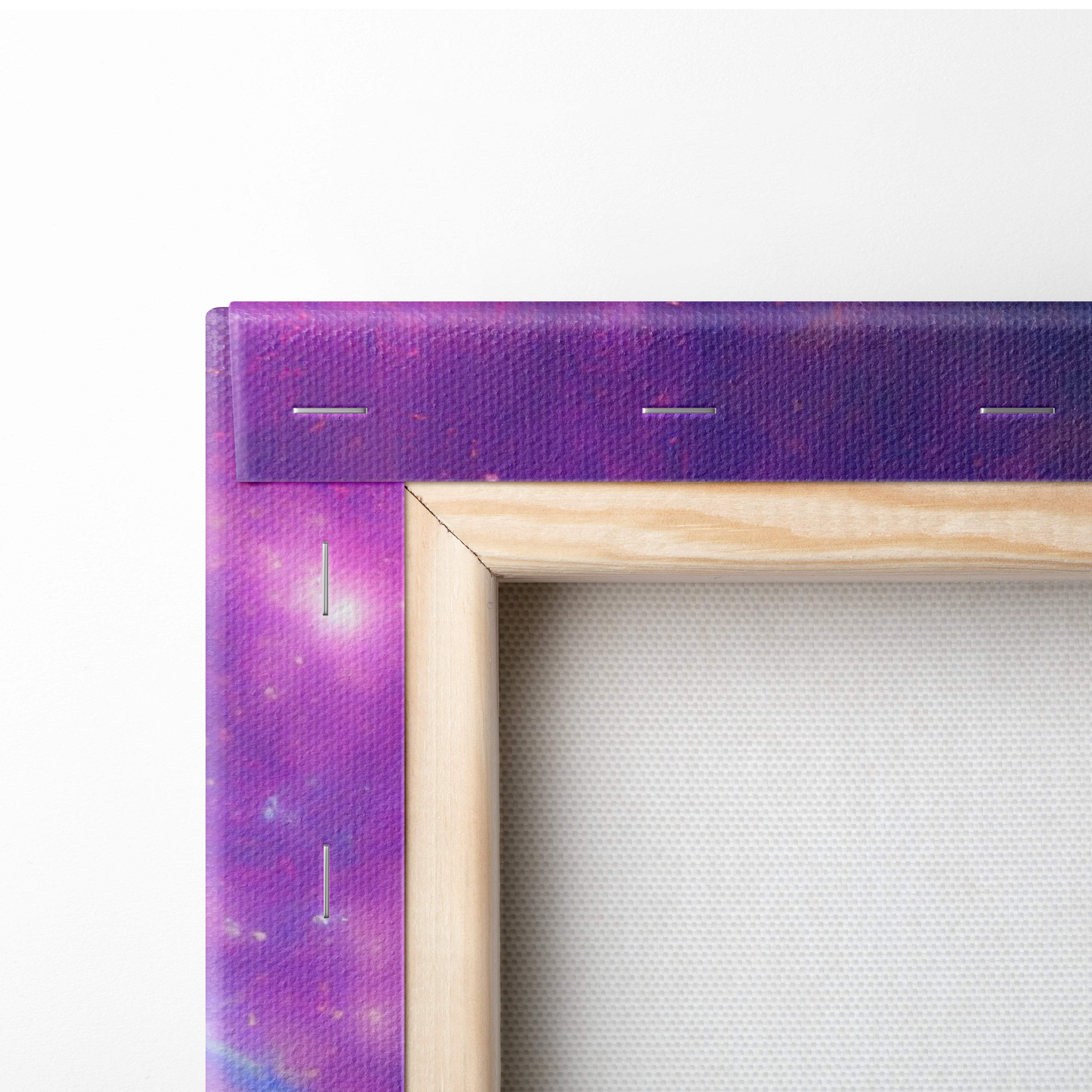 Purple galaxy-themed celestial nebula dragon canvas wall art with glowing fangs in light wood frame