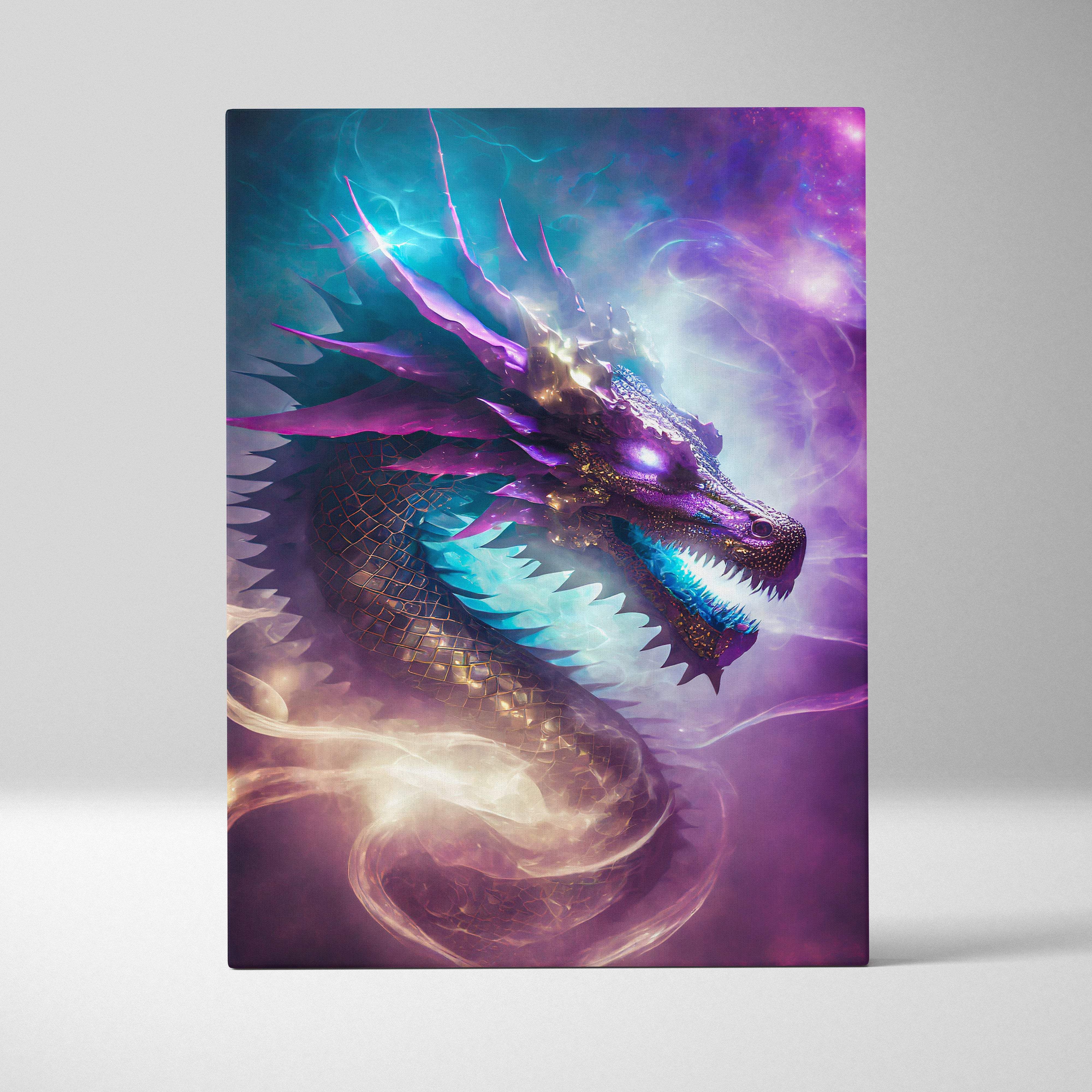Celestial nebula dragon canvas wall art featuring a vibrant fantasy dragon with glowing purple teal scales and golden accents