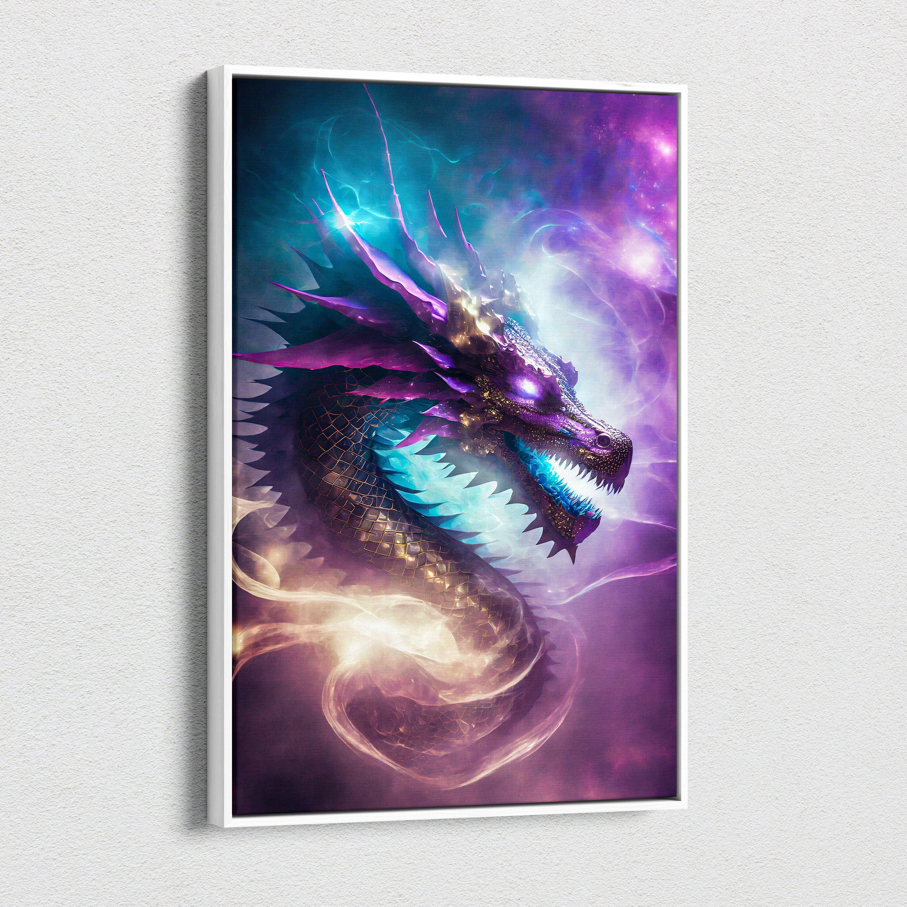 Celestial Nebula Dragon Canvas Wall Art – Cosmic Serpent with Glowing Fangs, Purple & Teal Galaxy Aura, Ethereal Fantasy Space Illustration Print