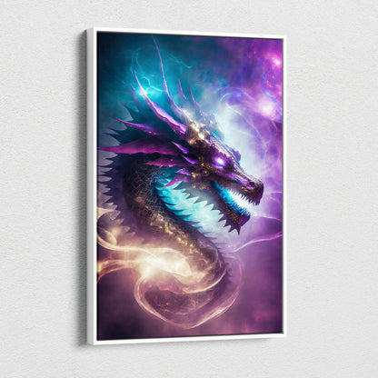 Celestial Nebula Dragon Canvas Wall Art – Cosmic Serpent with Glowing Fangs, Purple & Teal Galaxy Aura, Ethereal Fantasy Space Illustration Print