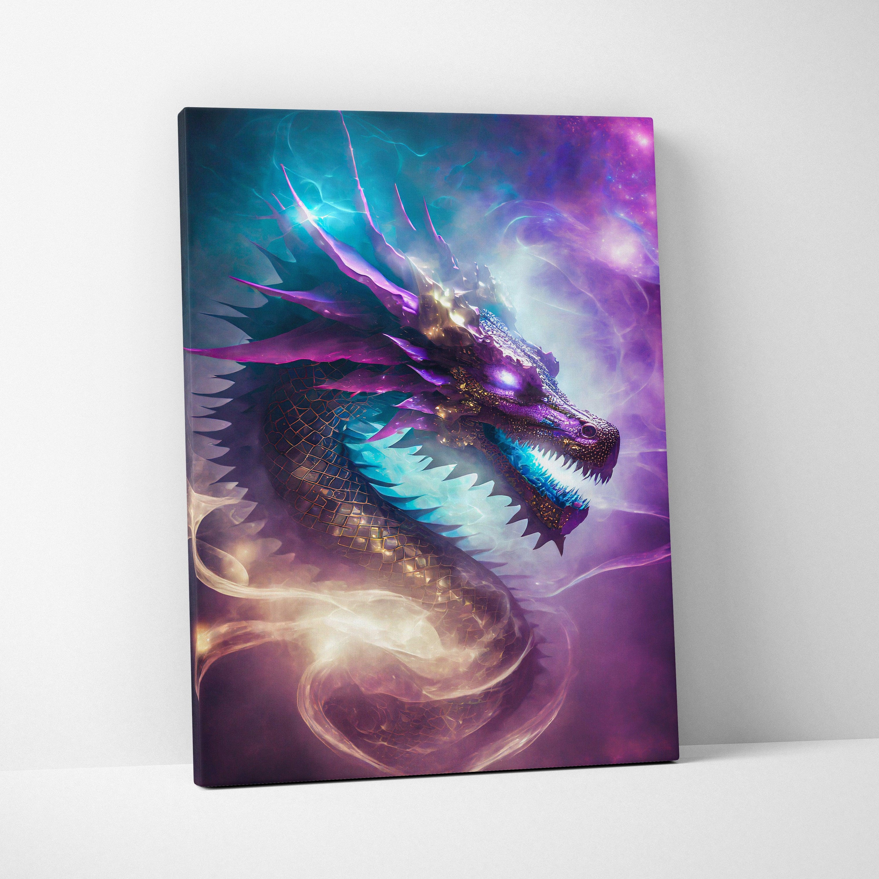 Celestial Nebula Dragon Canvas Wall Art – Cosmic Serpent with Glowing Fangs, Purple & Teal Galaxy Aura, Ethereal Fantasy Space Illustration Print