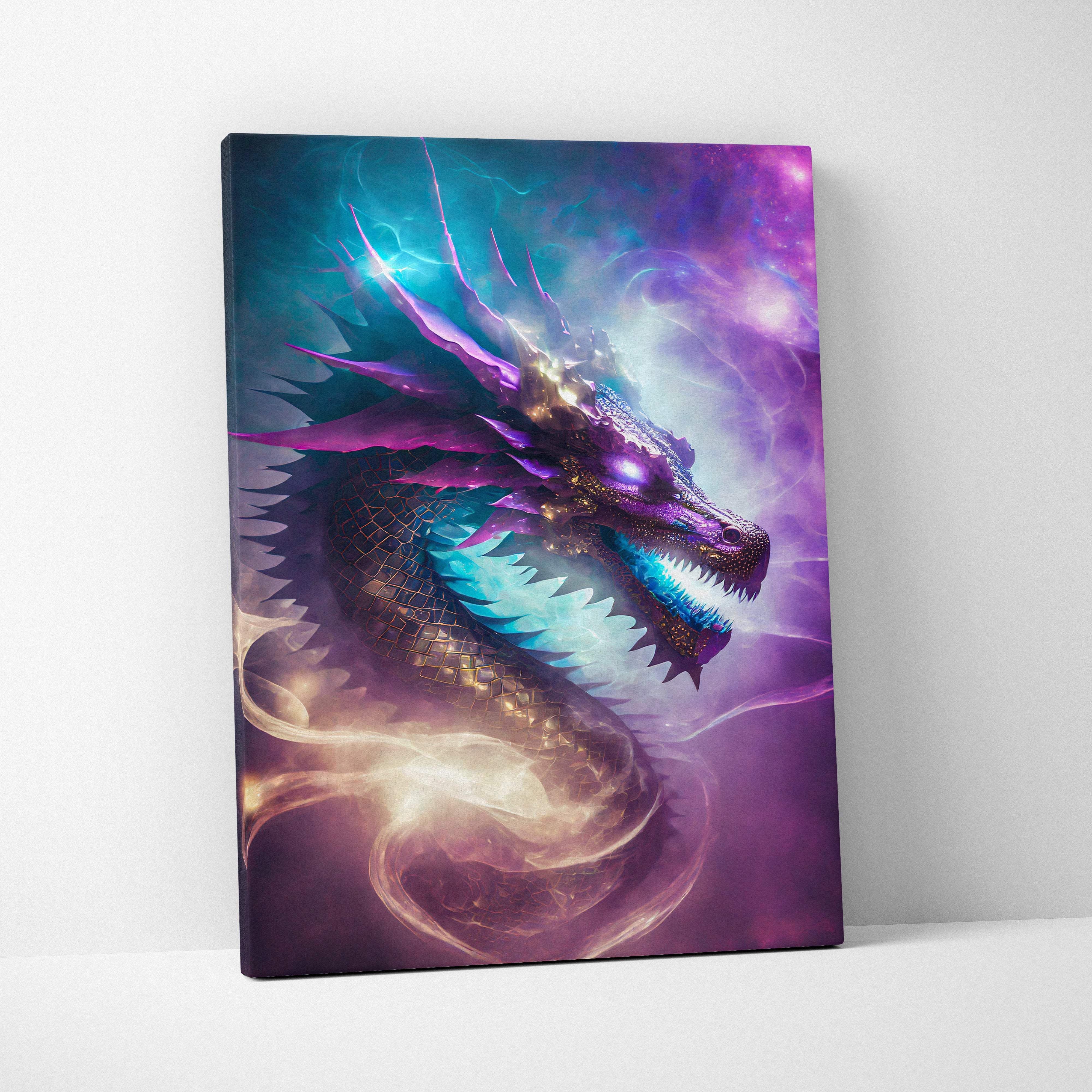 Celestial nebula dragon canvas wall art featuring a vibrant purple and teal fantasy dragon with glowing eyes and golden accents