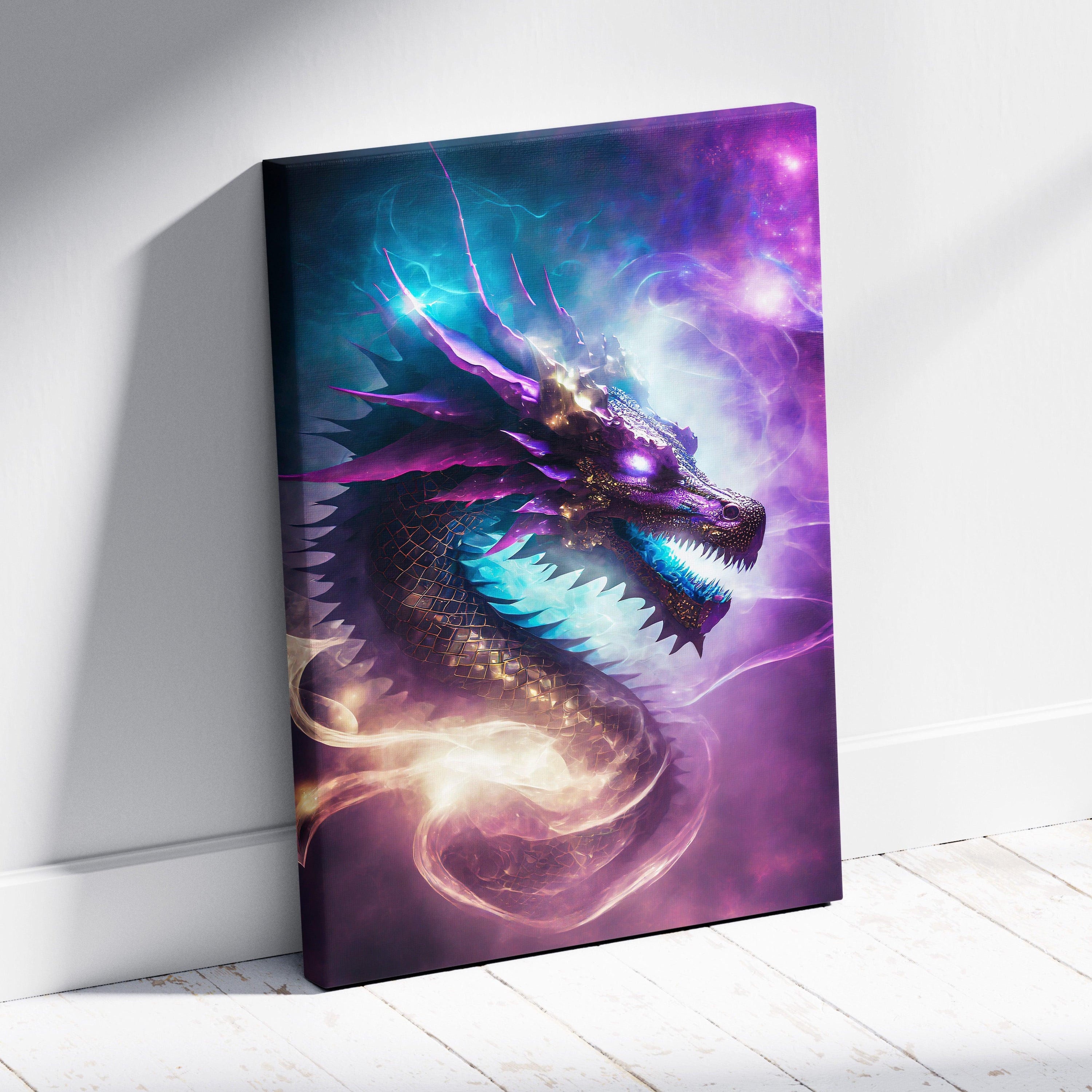 Celestial Nebula Dragon Canvas Wall Art – Cosmic Serpent with Glowing Fangs, Purple & Teal Galaxy Aura, Ethereal Fantasy Space Illustration Print