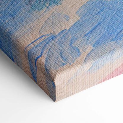 Mediterranean terrace garden canvas print with blue and beige abstract design on textured woven fabric backing
