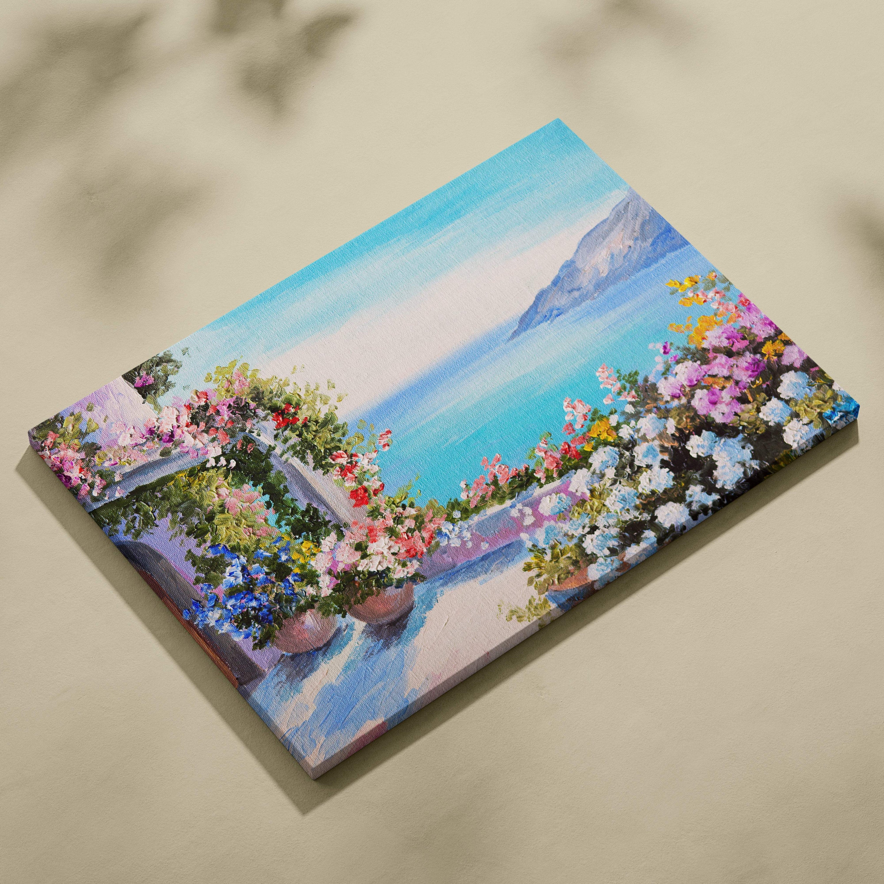 Mediterranean terrace garden painting canvas wall art with colorful flower pots on sunlit balcony overlooking sea view
