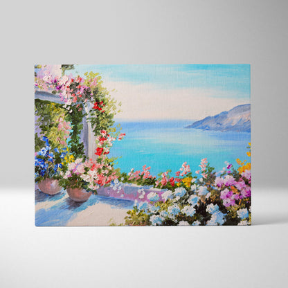 Mediterranean terrace garden canvas wall art featuring sunlit balcony with colorful flowers and turquoise sea view