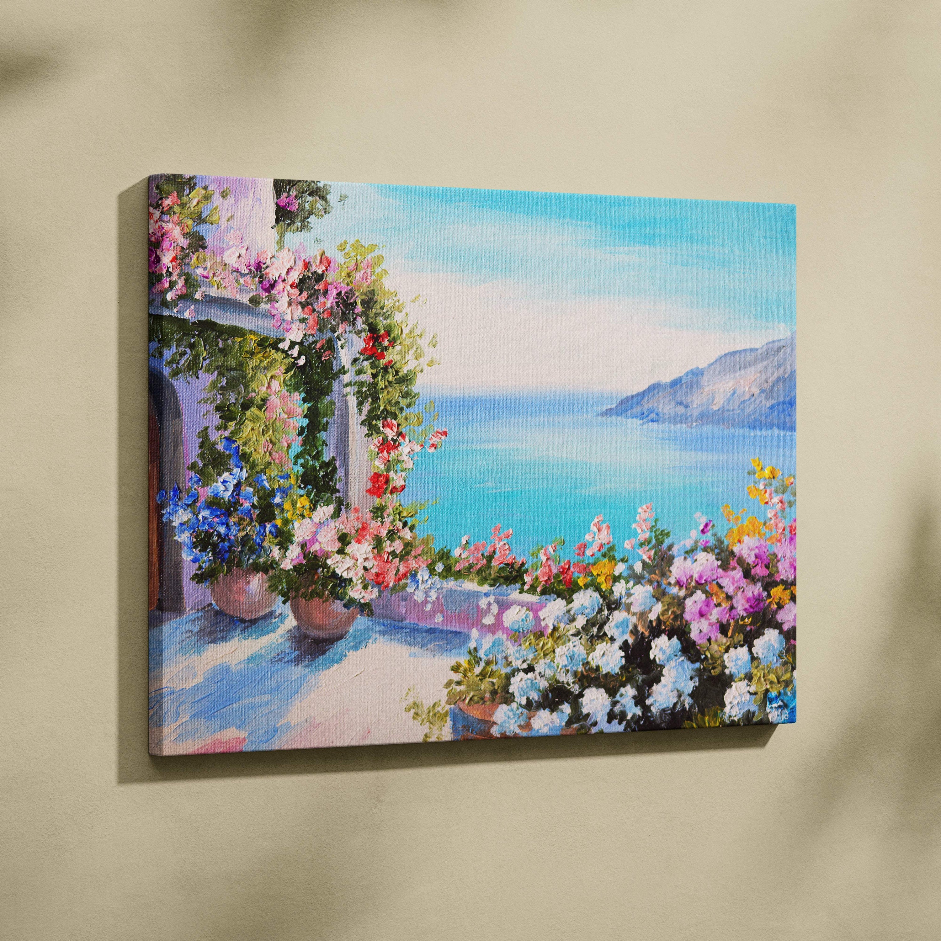 Vibrant floral canvas painting of a sunlit mediterranean balcony with colorful blossoms and turquoise sea view wall art