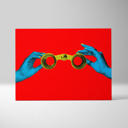 A pair of vintage-style brass binoculars with a polished gold finish held by blue-gloved hands on red background in pop art print