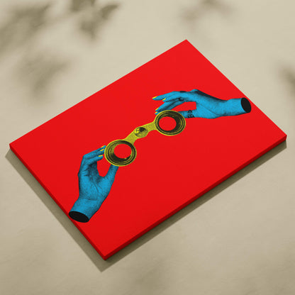Vibrant red canvas wall art with stylized blue hands holding golden binoculars modern pop art decor for office