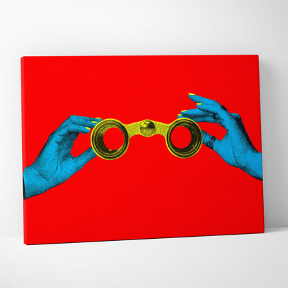 Vibrant red canvas print featuring stylized blue hands with yellow nails holding golden binoculars for modern office decor