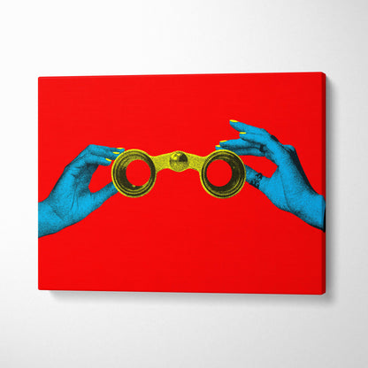Vibrant red canvas print with stylized blue hands holding golden vintage binoculars for modern office decor
