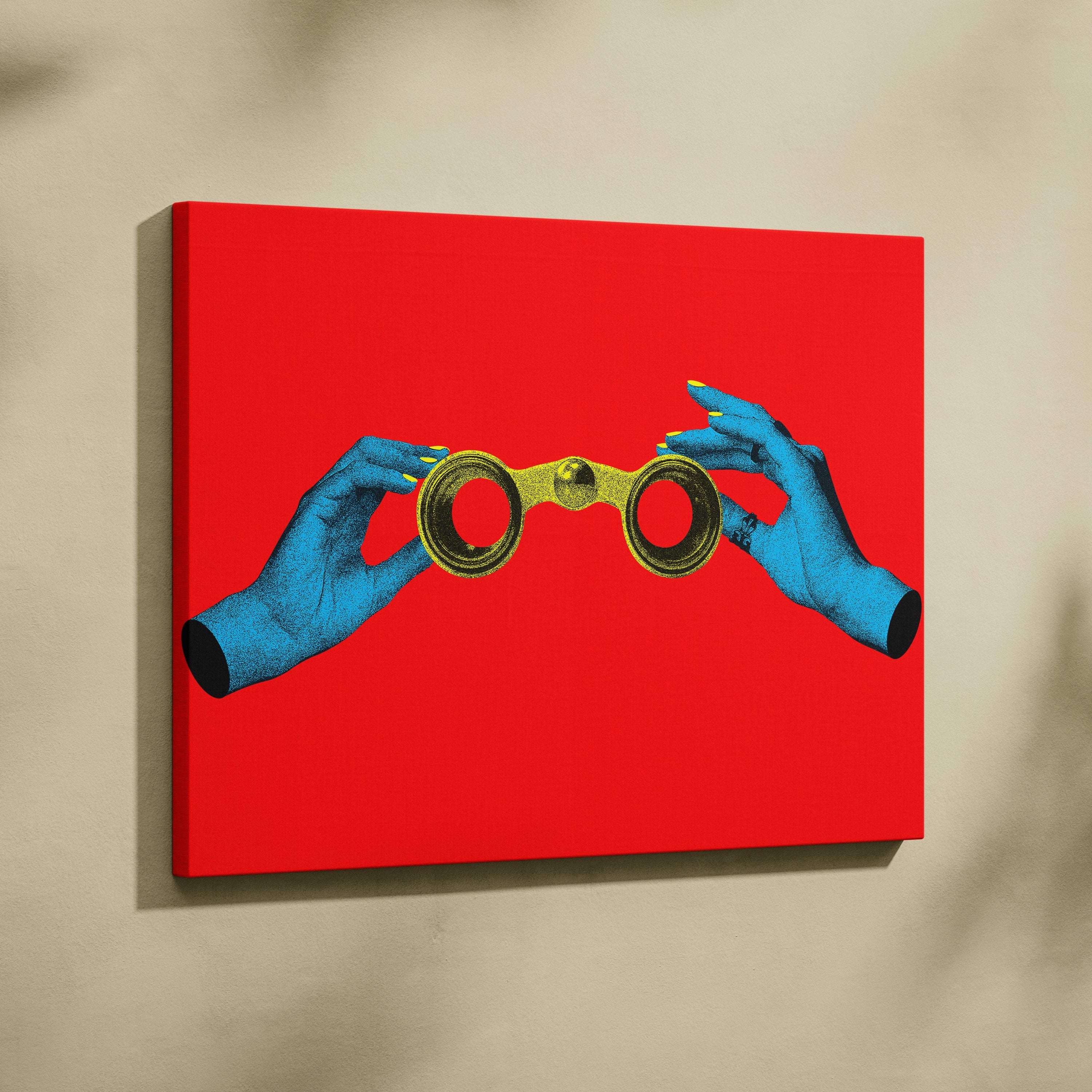 Vibrant red canvas print featuring stylized blue hands holding golden binoculars modern pop art wall decor