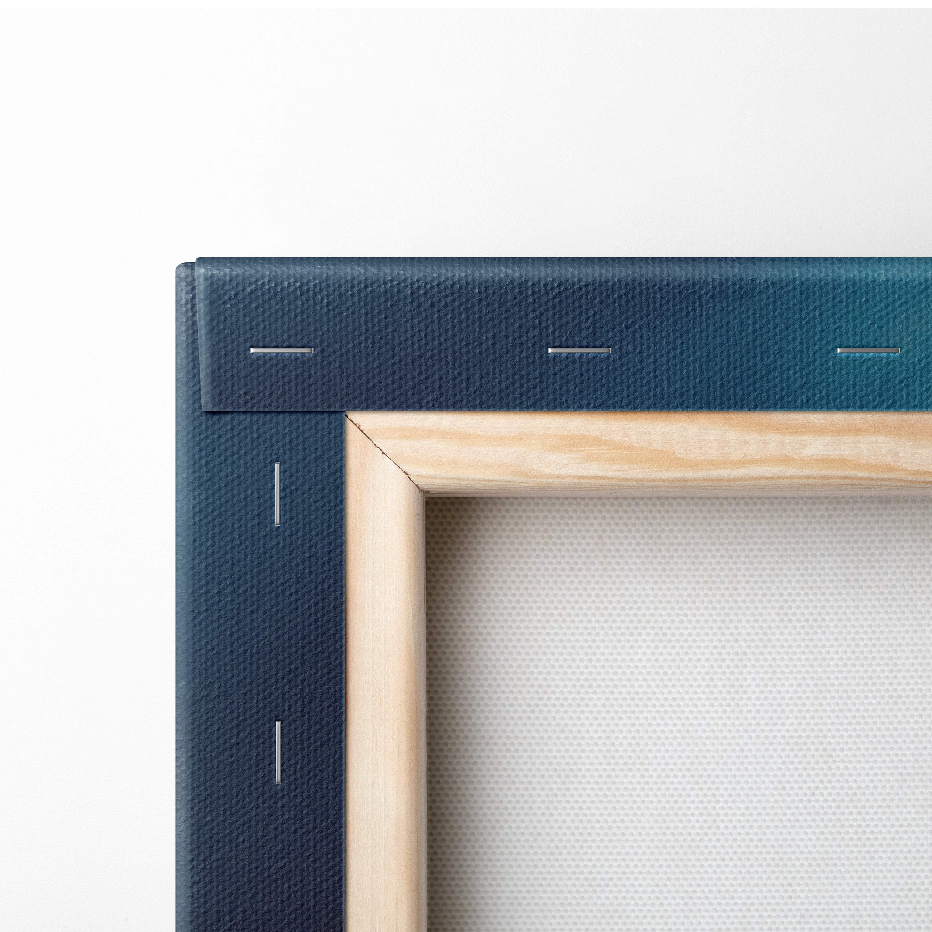 Navy blue canvas wrapped in light wood frame featuring electric orange and deep blue sky lightning storm city street art