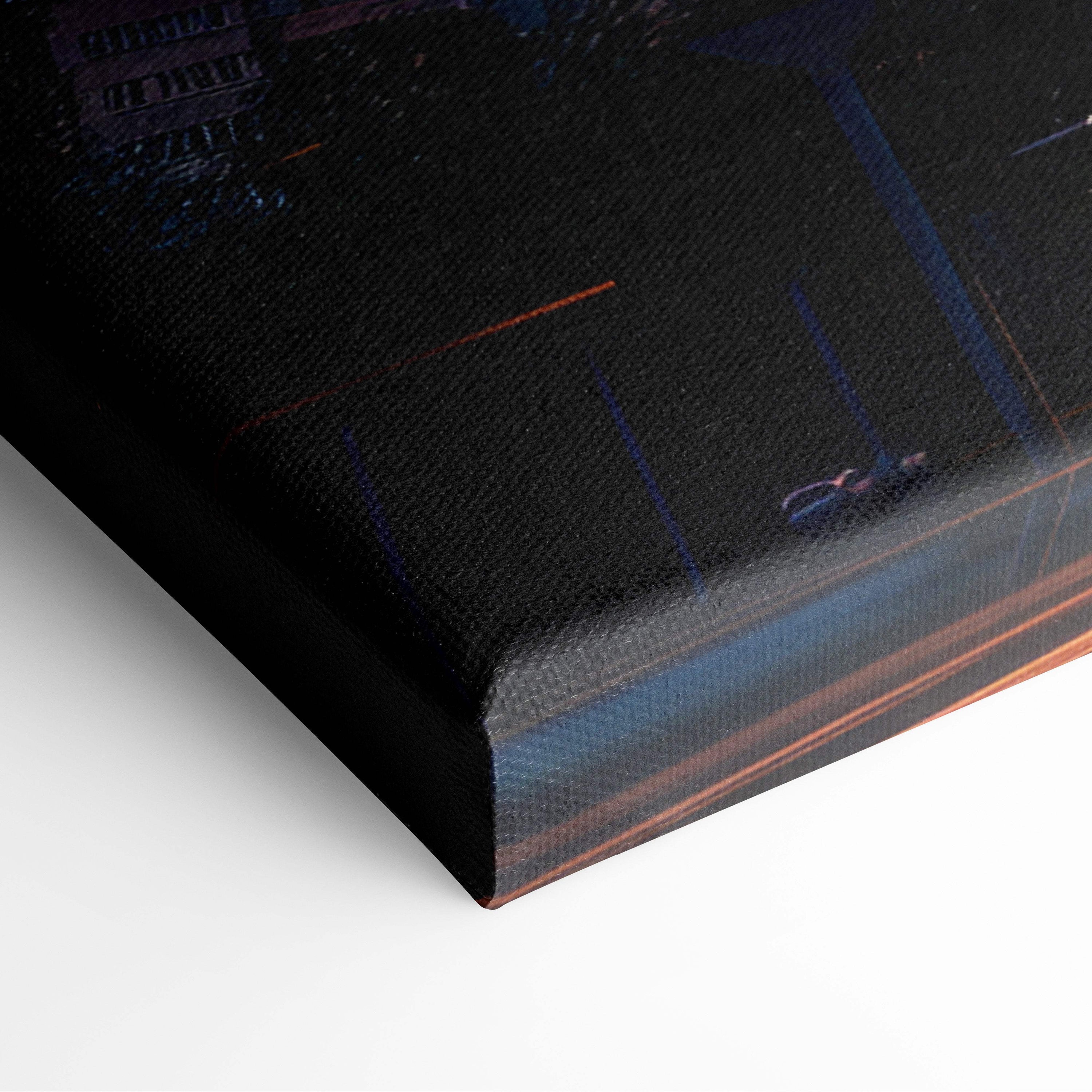 Black canvas print with abstract blue and orange streaks featuring electric orange and deep blue nightscape design