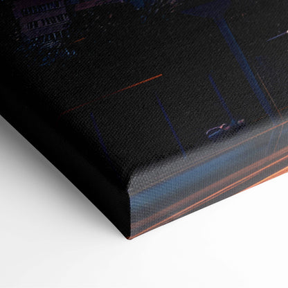 Black canvas print with abstract blue and orange streaks featuring electric orange and deep blue nightscape design