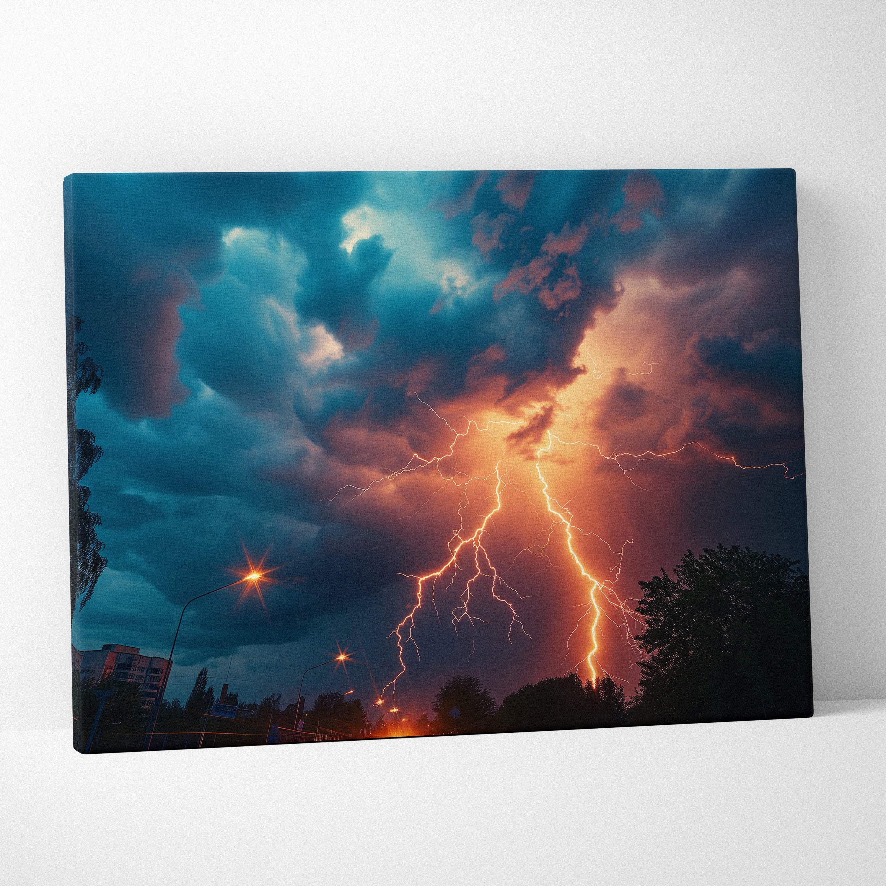 Canvas print of a lightning storm with vivid orange bolts in a dramatic nightscape over silhouetted city street