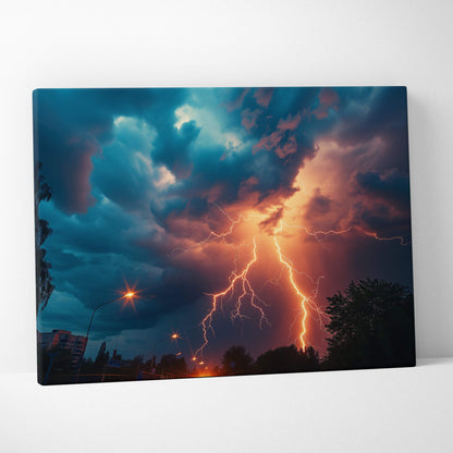 Canvas print of a lightning storm with vivid orange bolts in a dramatic nightscape over silhouetted city street