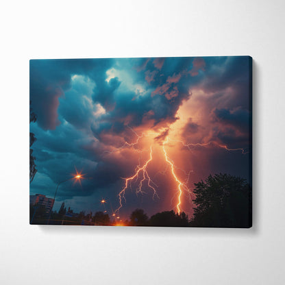 Canvas print of a dramatic lightning storm with vivid orange and yellow bolts over trees and streetlights at night