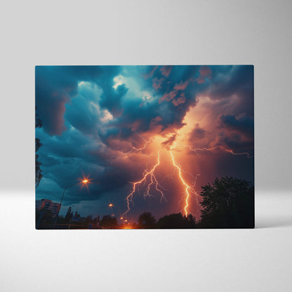 Vibrant lightning storm over city street canvas art with electric orange lightning and deep teal purple clouds wall decor