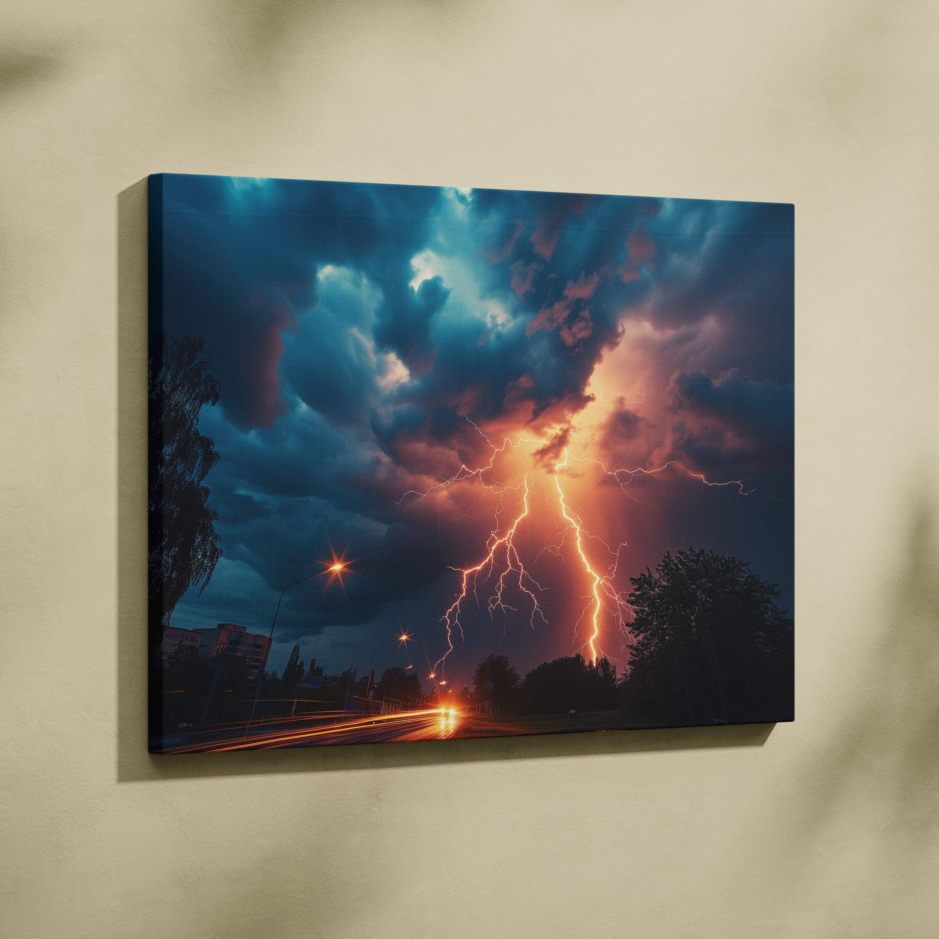 Canvas print of a dramatic lightning storm with vivid orange and blue clouds above illuminated city streetlights