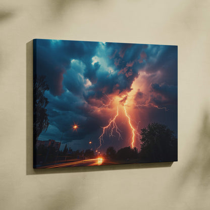 Canvas print of a dramatic lightning storm with vivid orange and blue clouds above illuminated city streetlights