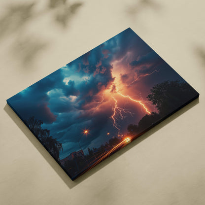 Canvas print of a dramatic lightning storm with electric orange and deep blue clouds on stretched canvas wall decor