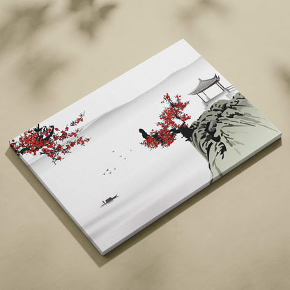Red blossom lake pavilion canvas wall art with vibrant red blossoms gray green ink mountains and pagoda silhouettes