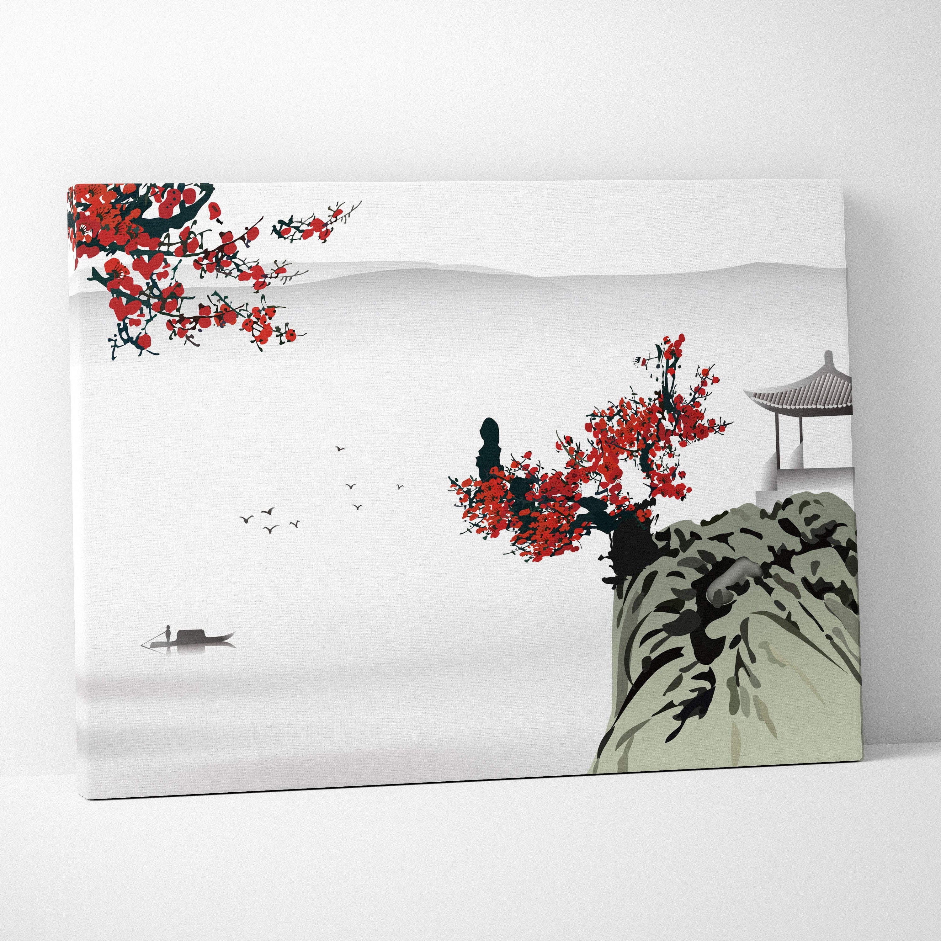 Red blossom lake pavilion canvas wall art with vibrant red blossoms on a gray green misty mountain ink painting