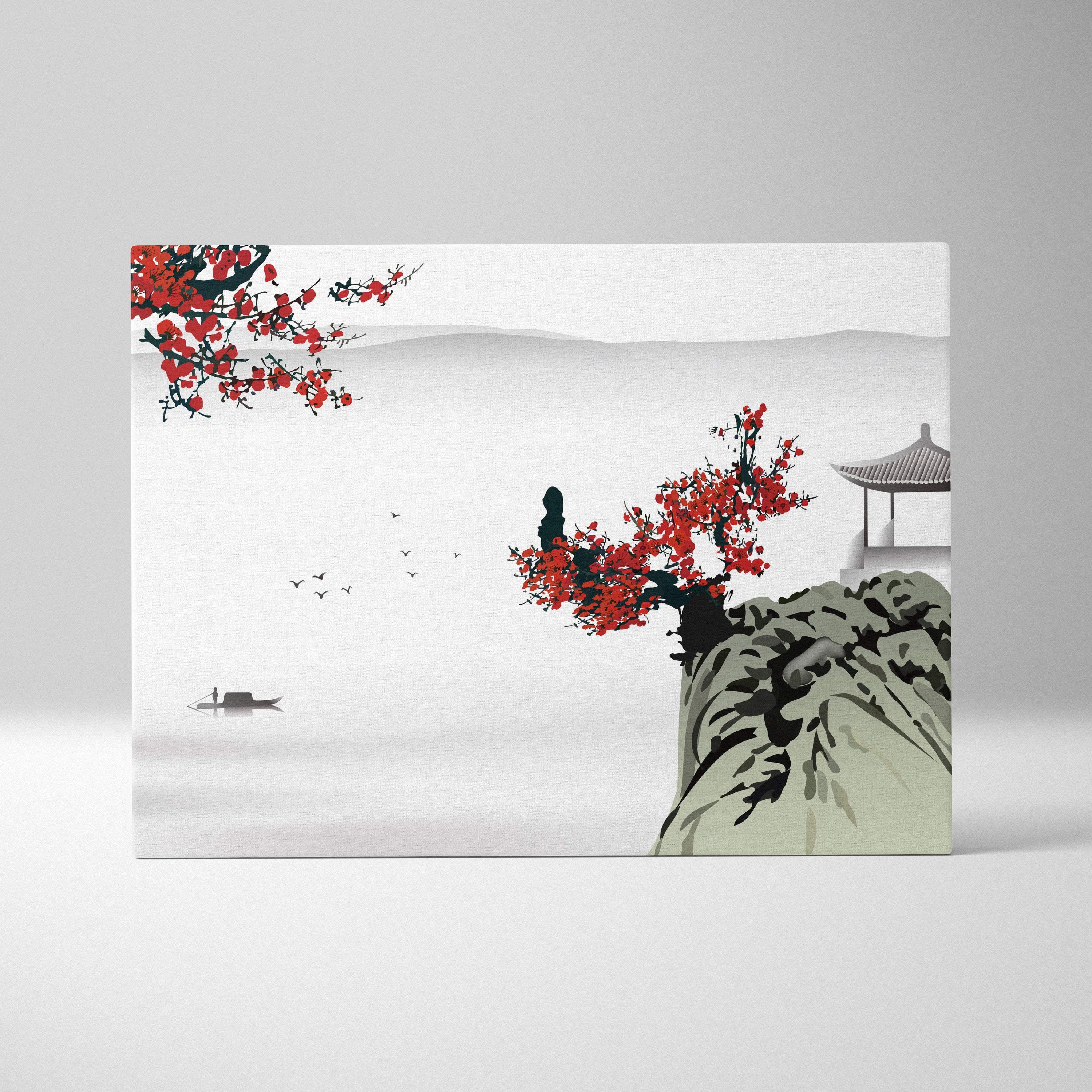Red blossom lake pavilion canvas wall art featuring vibrant red blossoms misty mountains and traditional asian architecture