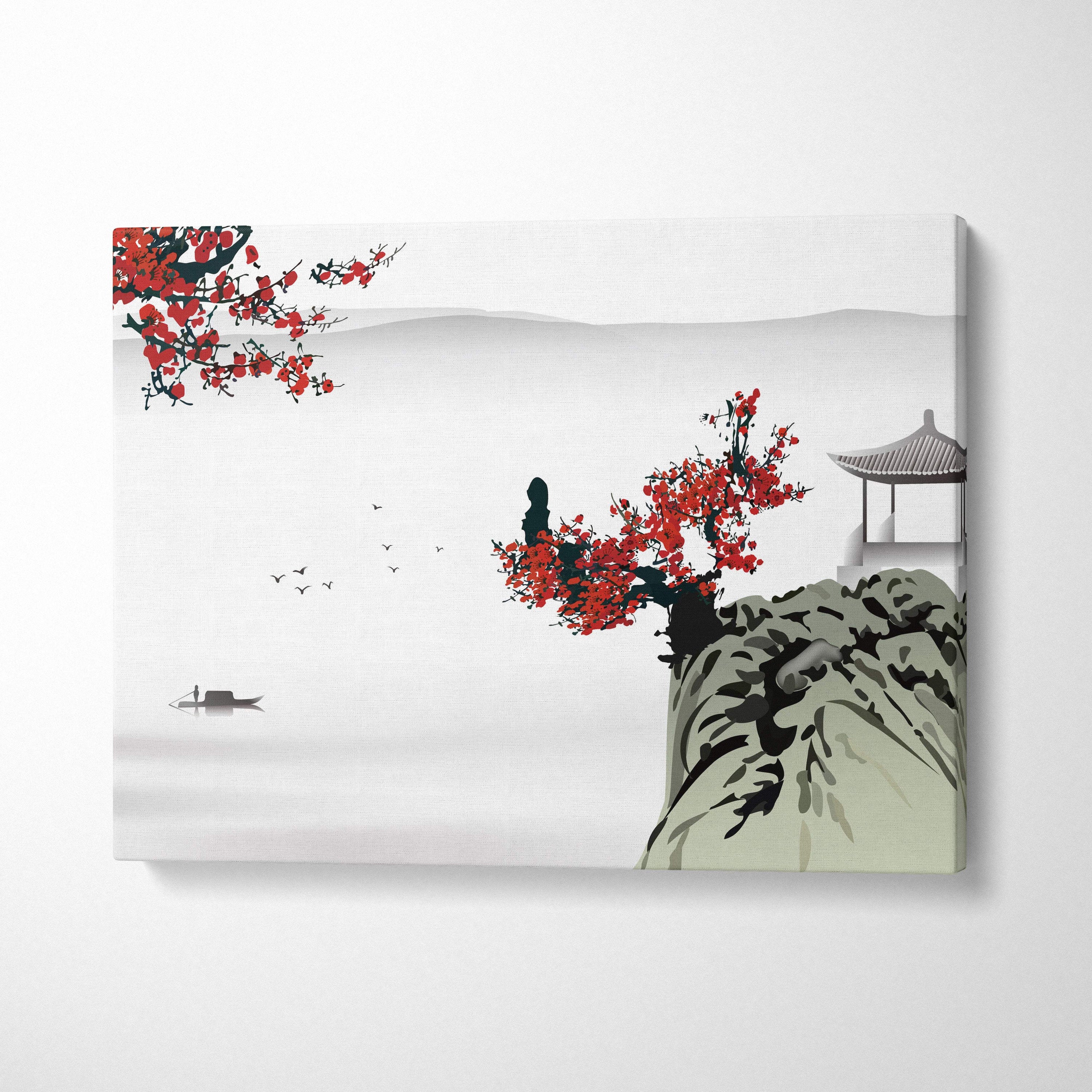 Red blossom lake pavilion canvas wall art with vibrant red flowers and gray green asian ink landscape for zen decor