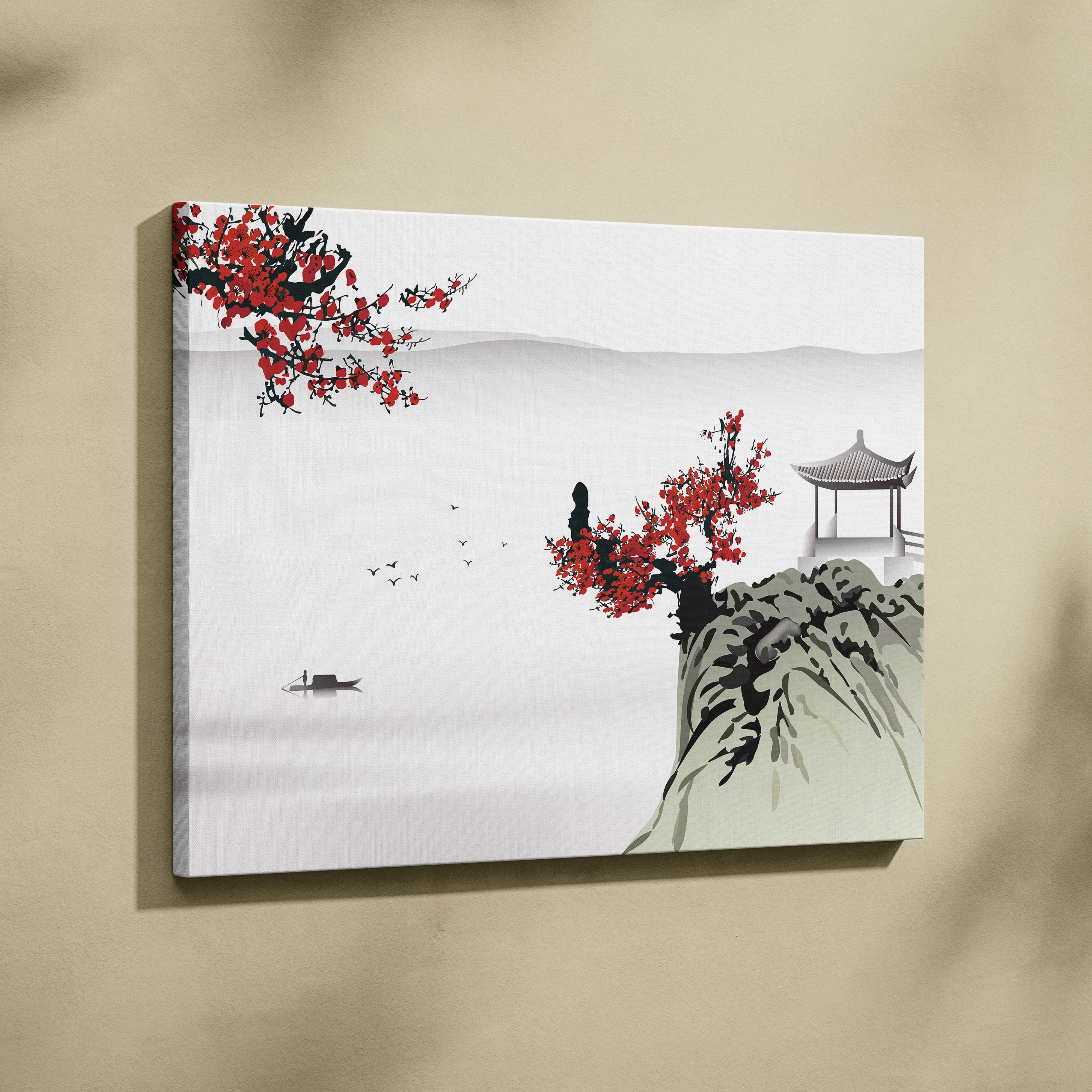 A minimalist canvas painting of vibrant red blossoms with gray green ink style landscape for living room wall art