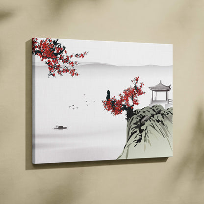 A minimalist canvas painting of vibrant red blossoms with gray green ink style landscape for living room wall art