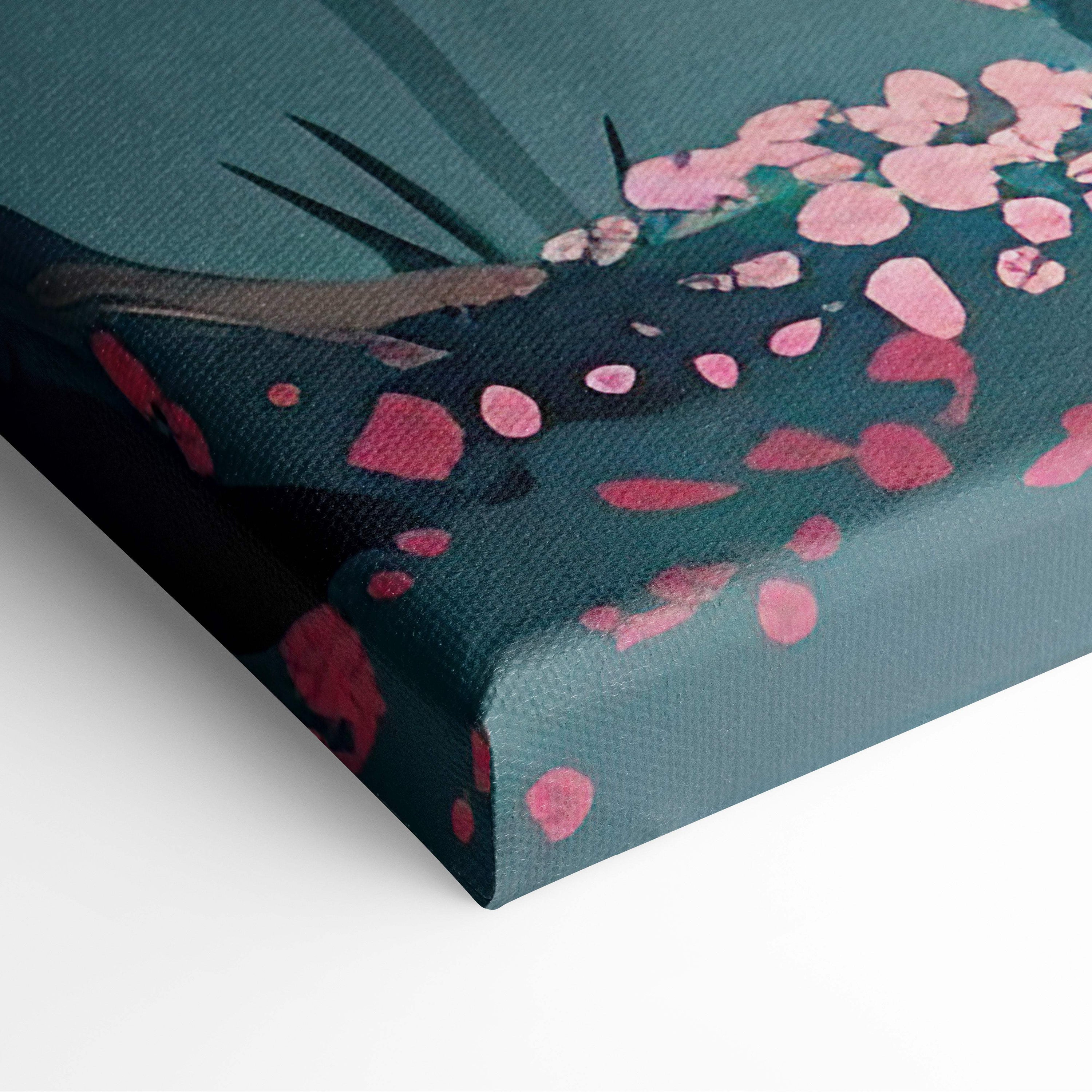 Teal canvas print of a stylized black deer with pink and red cherry blossom petals in a dreamy anime style