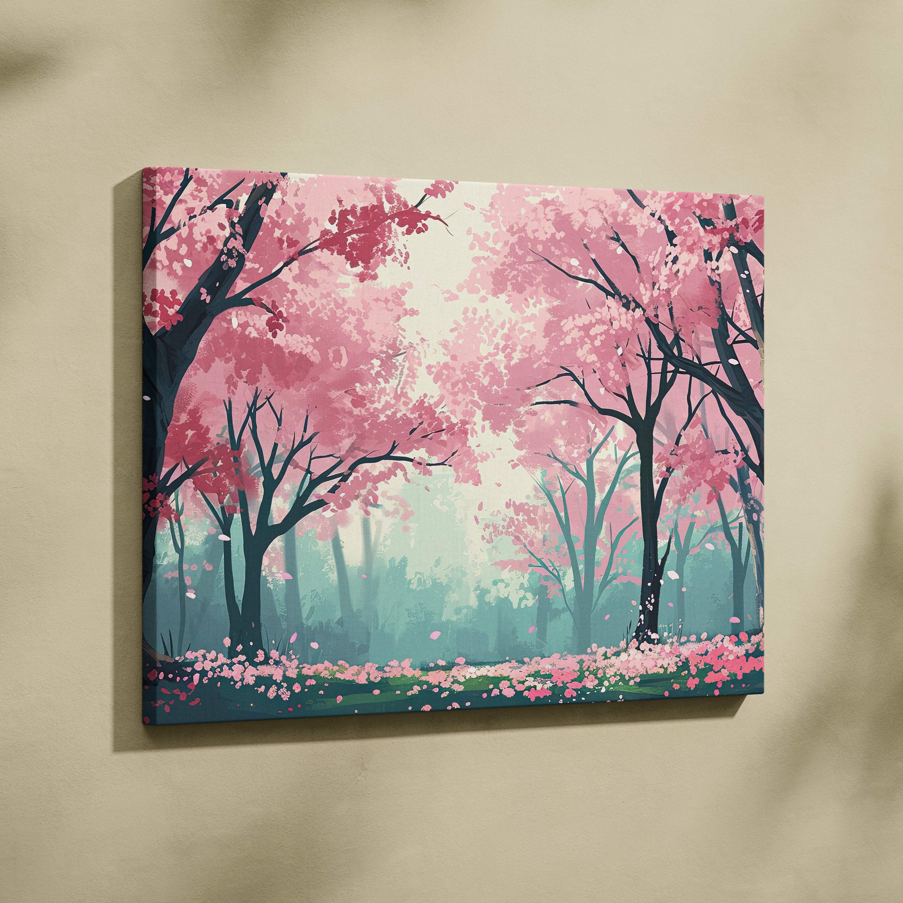 Pink cherry blossom forest canvas wall art with teal misty trees and falling petals in a dreamy anime style
