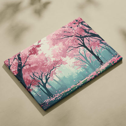 A rectangular canvas wall art of pink cherry blossom trees with dark branches on a teal gradient background