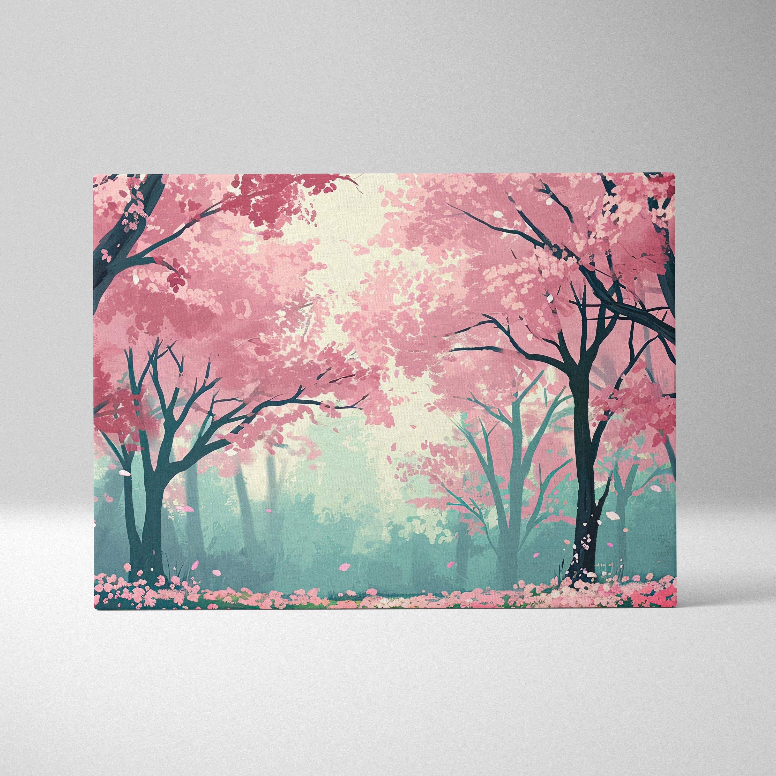Pink cherry blossom forest canvas wall art with dark tree silhouettes and falling petals in a dreamy anime style