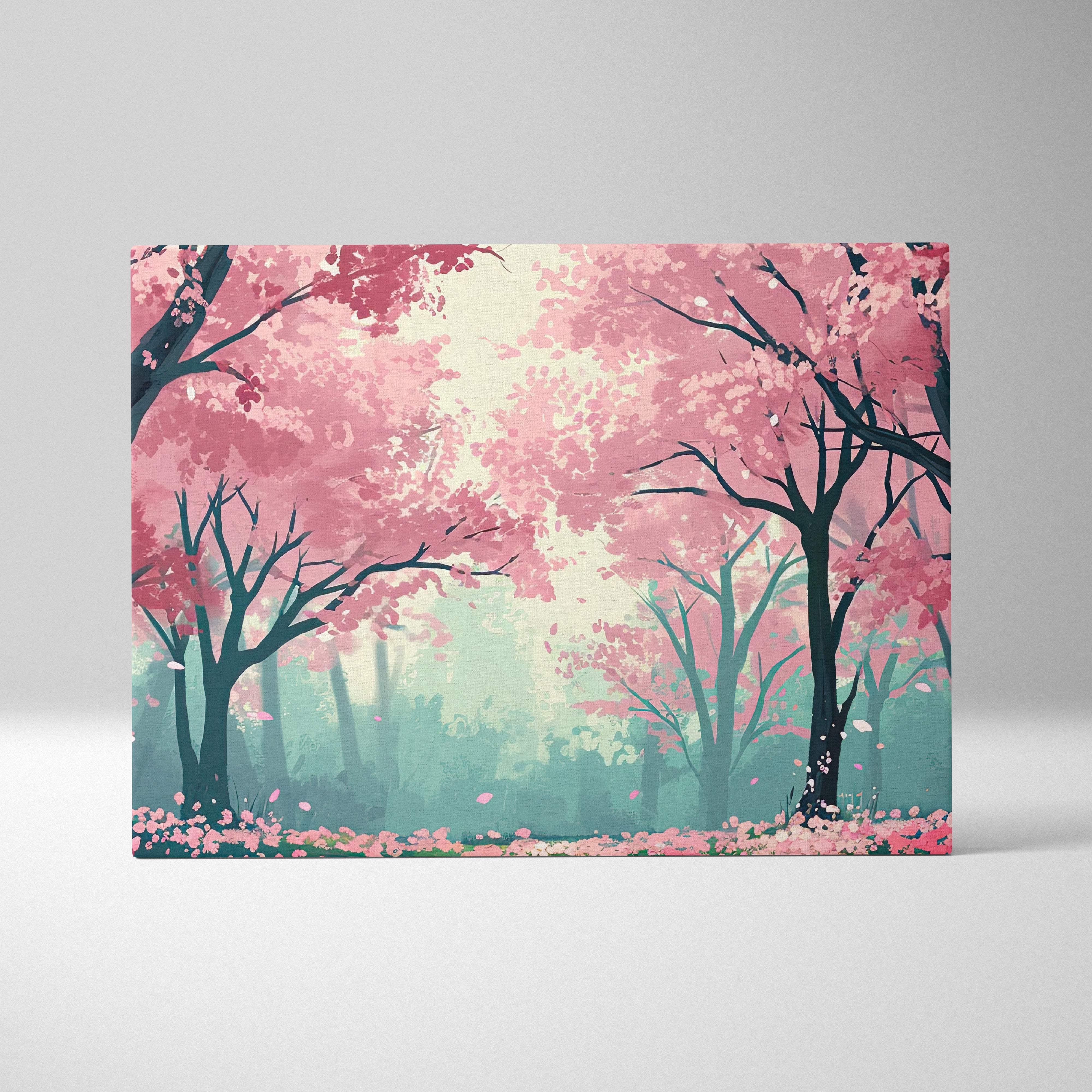 Pink cherry blossom forest canvas wall art with dark tree silhouettes and falling petals in a dreamy anime style