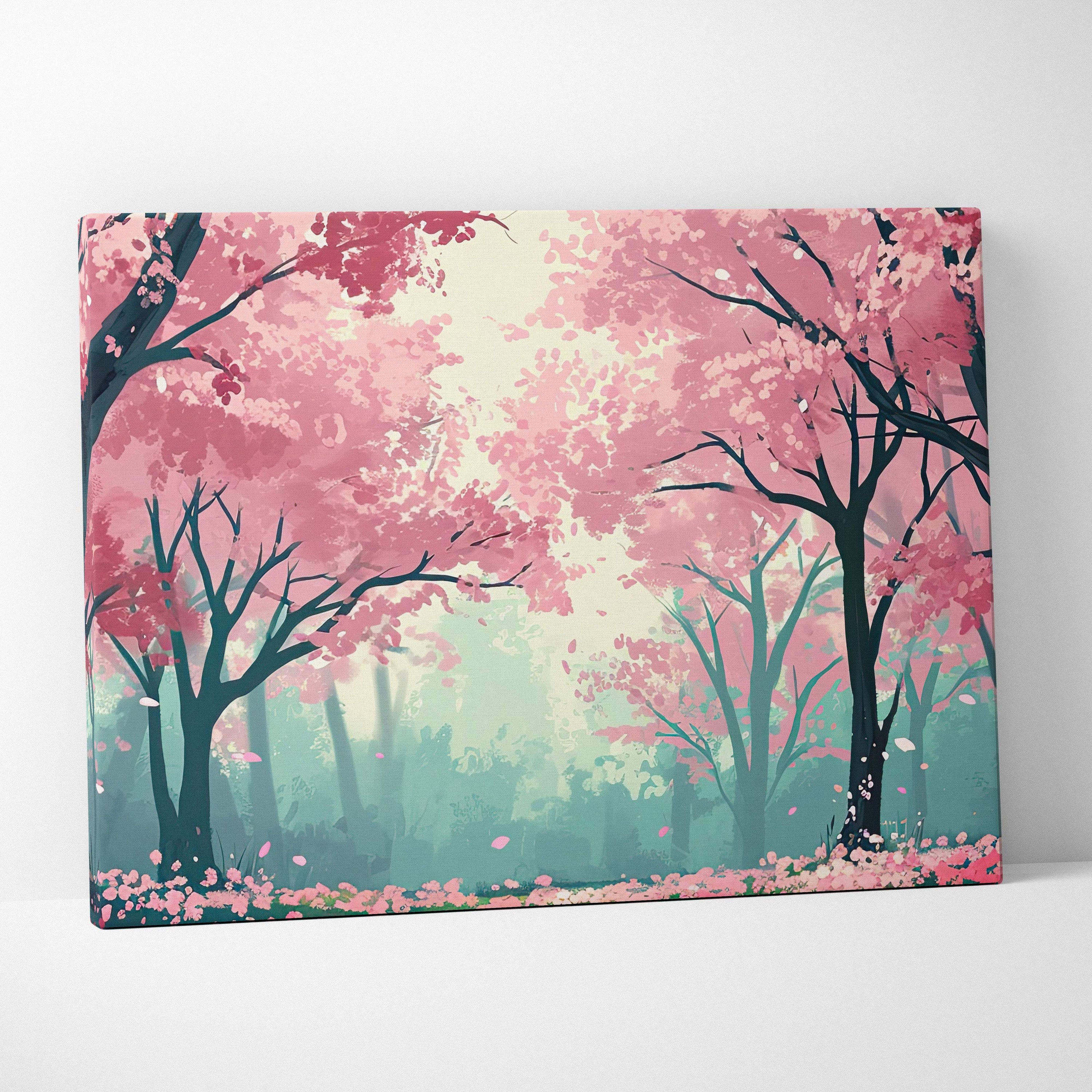 Rectangular canvas wall art of a pink cherry blossom forest with teal misty trees and falling petals in anime style