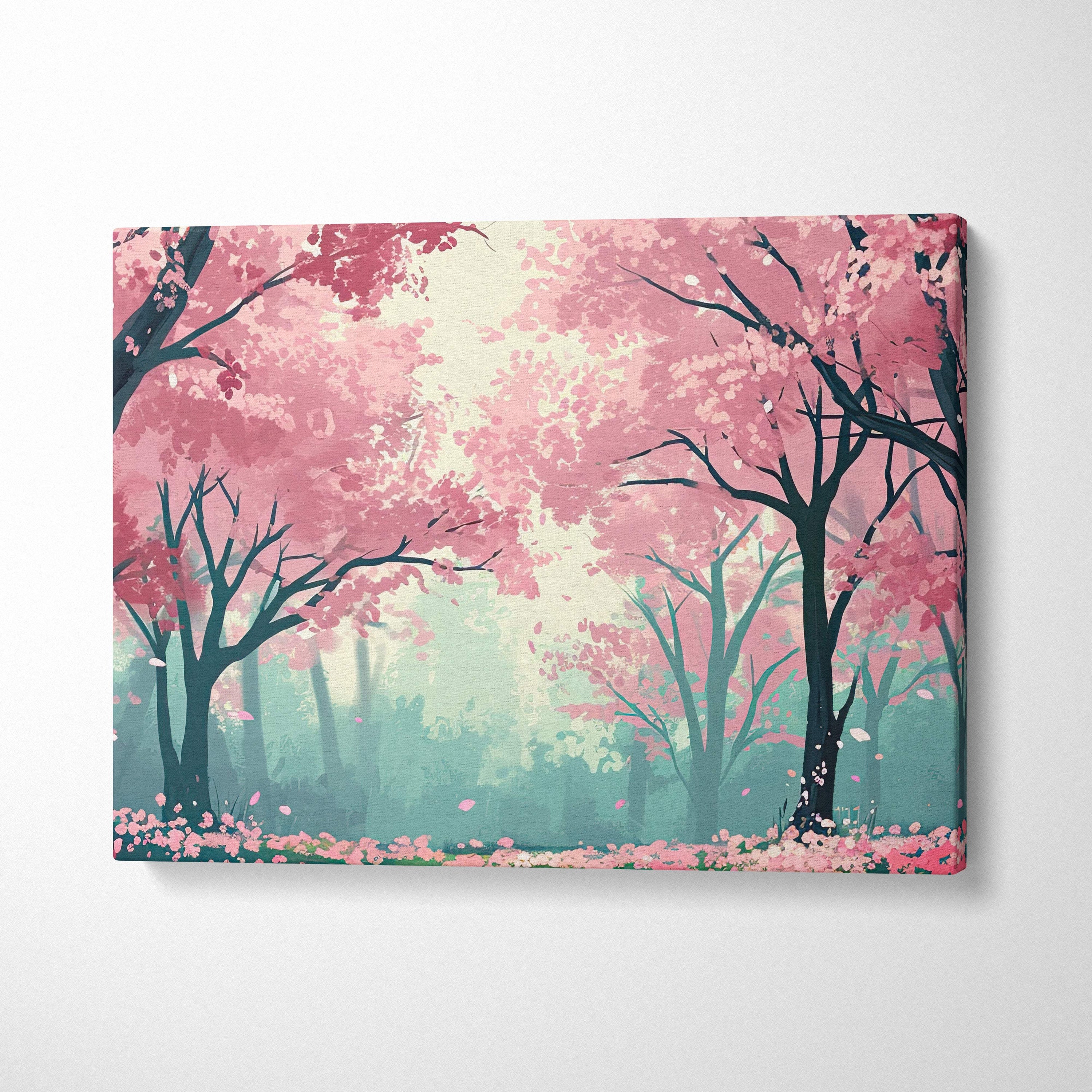 Rectangular canvas wall art featuring pink cherry blossoms and dark tree silhouettes in a dreamy anime style