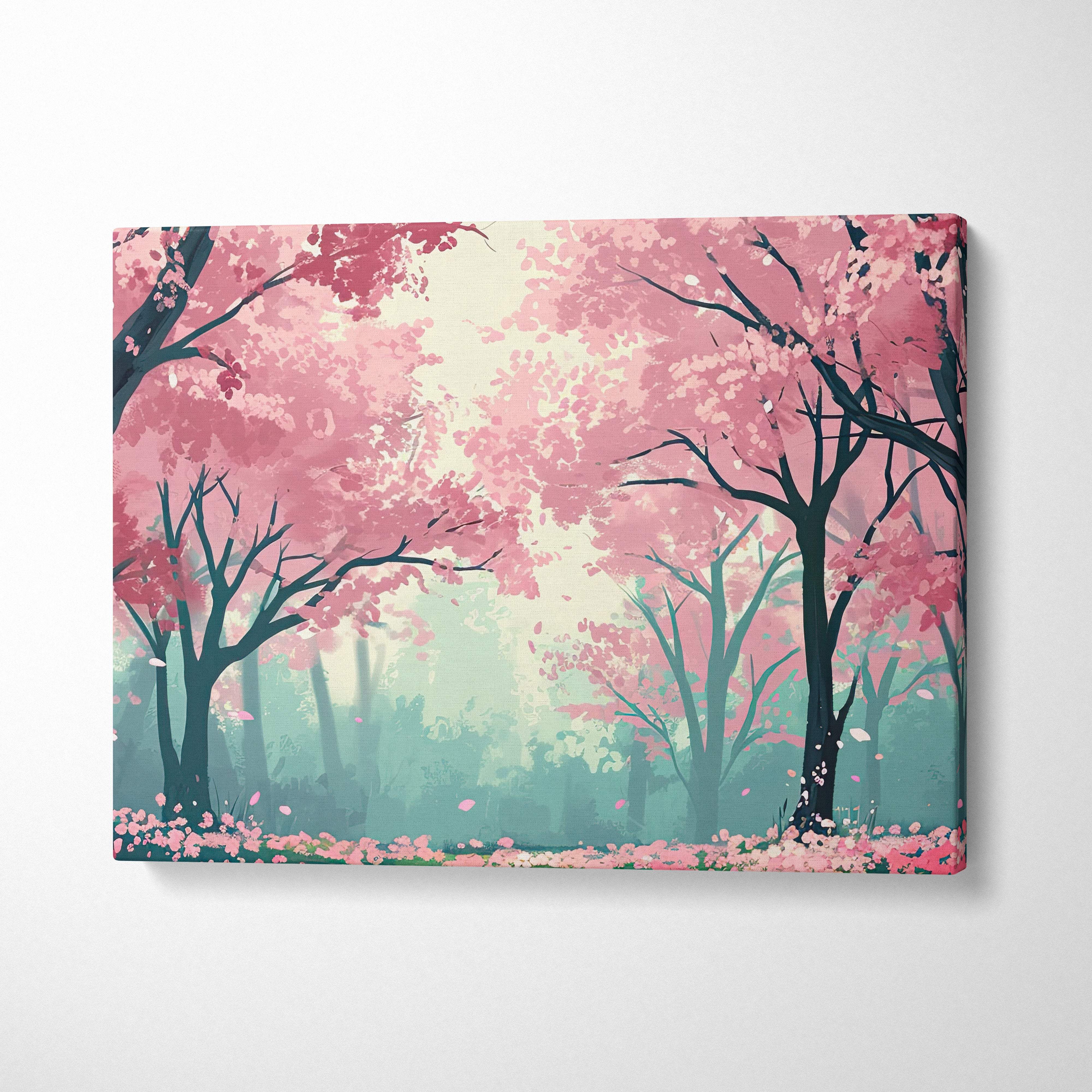 Rectangular canvas wall art featuring pink cherry blossoms and dark tree silhouettes in a dreamy anime style