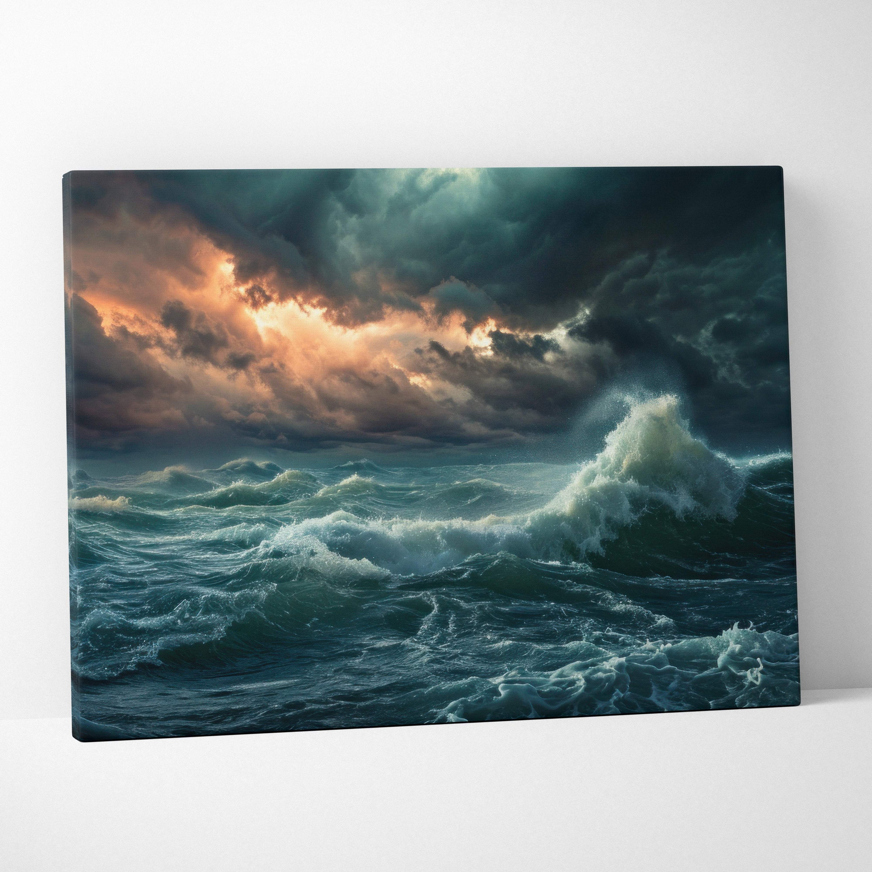 Stormy ocean waves canvas art showing turbulent deep teal sea under dark moody clouds with warm orange light